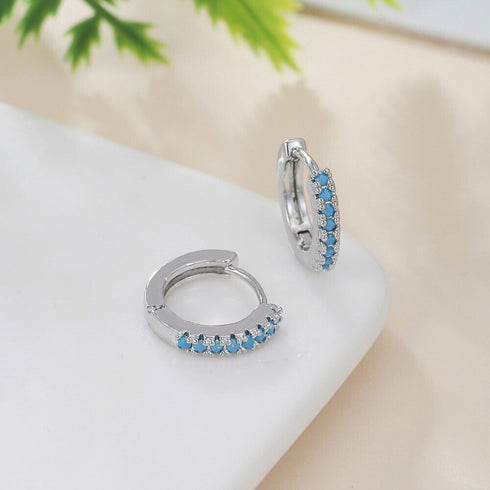 14K White Gold Plated Turquoise Cubic Zirconia Men & Women Huggie Hoop Earrings